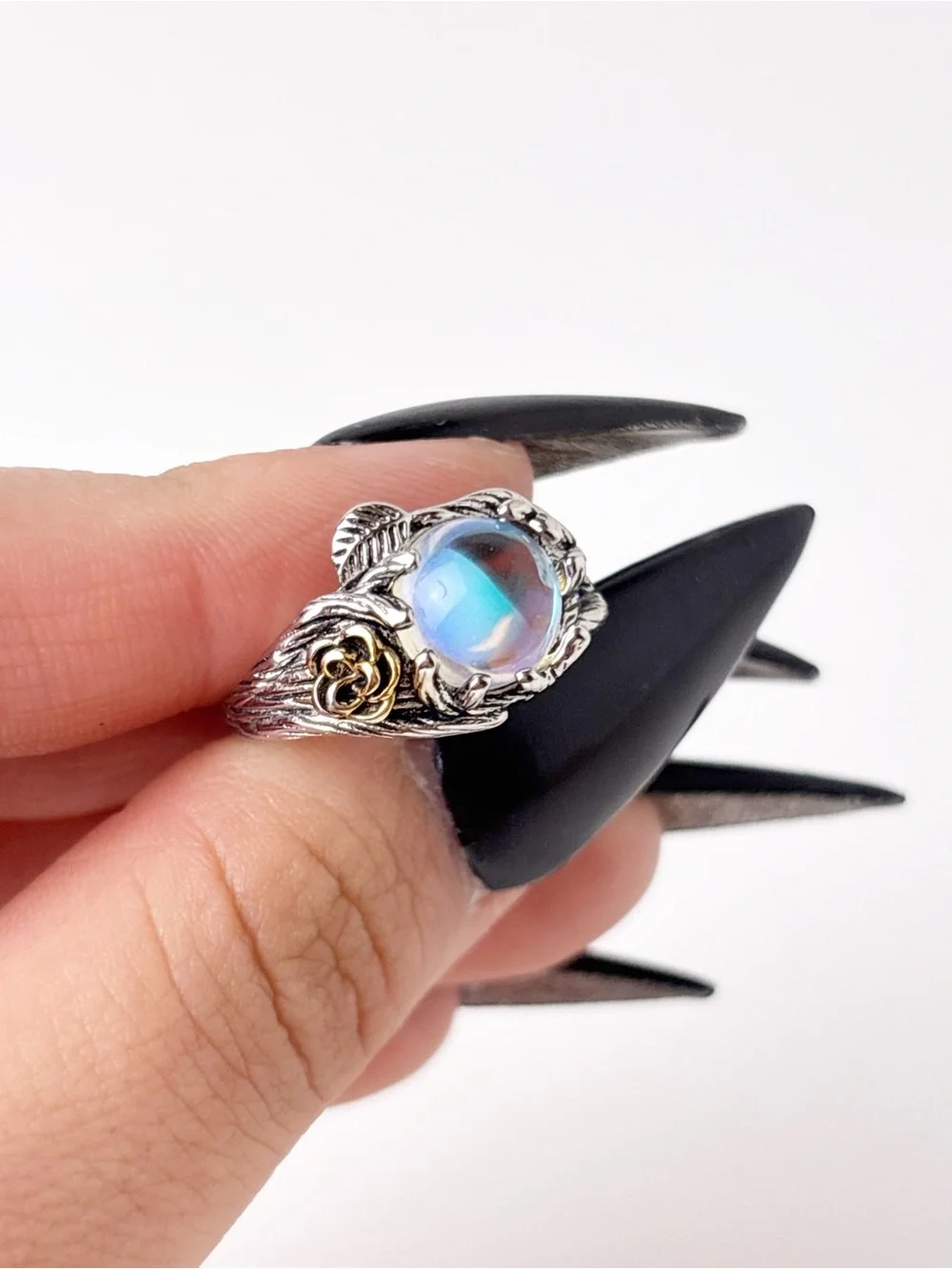 Sterling Silver Flower and Leaf Motif Moonstone Ring in Iridescent Blue